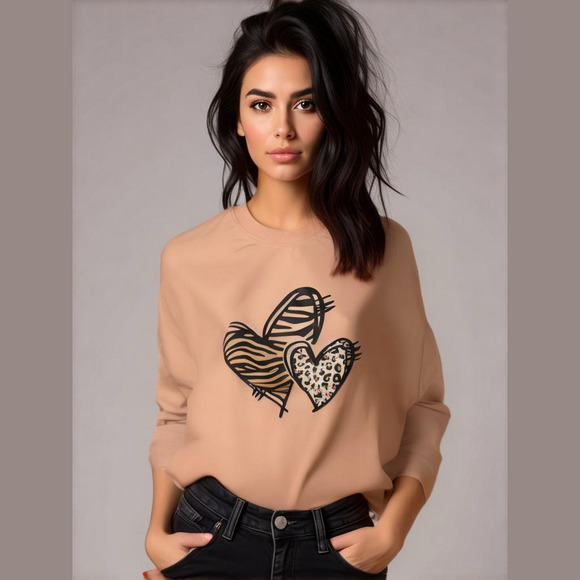 “2 Hearts As 1” Peach Long Sleeve Graphic Tee – Animal Print Hearts, Size M - Picture 1 of 3